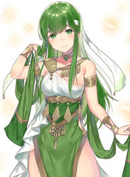 Rule 34 | 1girl, accessories, arm up, blush, breasts, closed mouth, dancer, dancer (fire emblem: three houses), dress, feathers, fire emblem, fire emblem: mystery of the emblem, fire emblem: new mystery of the emblem, green eyes, green hair, haru (nakajou-28), headband, jewelry, long hair, necklace, nintendo, palla (fire emblem), simple background, single-shoulder dress, smile, solo, solo focus, thighs