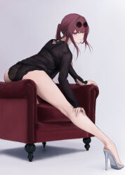Rule 34 | 1girl, absurdres, arm support, ass, bare legs, black shirt, chinese commentary, commentary request, couch, earrings, eyelashes, eyewear on head, full body, grey background, hair between eyes, hand on own leg, high heels, highres, honkai: star rail, honkai (series), jewelry, kafka (honkai: star rail), kong zhizen, lace, lace panties, legs, long hair, long sleeves, looking at viewer, looking back, on couch, panties, parted lips, ponytail, purple eyes, purple hair, shadow, shirt, sidelocks, simple background, smile, solo, stiletto heels, thighs, underwear, white footwear