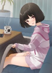 Rule 34 | 1girl, black hair, blush, bob cut, cellphone, commentary request, couch, cup, feet out of frame, hand on own leg, highres, hood, hood down, hoodie, indoors, kanpa (campagne 9), kotatsu, long sleeves, looking at viewer, mug, open mouth, original, phone, pink eyes, pink hoodie, plant, potted plant, short hair, shorts, sitting, smartphone, smile, solo, striped clothes, striped hoodie, striped shorts, table