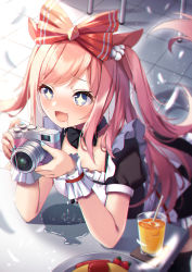 Rule 34 | + +, 1girl, :d, agnes digital (umamusume), amahara pekozaemon, animal ears, black dress, blue eyes, blue nails, blurry, blurry background, bow, breasts, camera, cleavage, commentary request, cup, depth of field, dress, drinking glass, drinking straw, drooling, food, hair bow, highres, holding, holding camera, horse ears, horse girl, horse tail, indoors, long hair, nail polish, omelet, omurice, open mouth, pink hair, plate, puffy short sleeves, puffy sleeves, red bow, saliva, short sleeves, small breasts, smile, solo, tail, tile floor, tiles, two side up, umamusume, very long hair, wrist cuffs