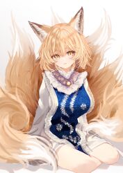 Rule 34 | 1girl, animal ear headwear, bare legs, blonde hair, blue tabard, blush, breasts, commentary request, dress, fake animal ears, fox girl, fox tail, hat, highres, kitsune, kyuubi, lace-trimmed headwear, lace trim, large breasts, long sleeves, looking at viewer, multiple tails, no headwear, sarasadou dan, short hair, simple background, sitting, solo, tabard, tail, touhou, white background, white dress, yakumo ran, yellow eyes, yokozuwari