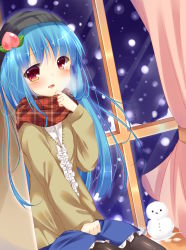 Rule 34 | 1girl, alternate costume, bekotarou, blue hair, female focus, food, fruit, hat, hinanawi tenshi, long hair, looking at viewer, open mouth, peach, red eyes, scarf, smile, snowman, solo, touhou