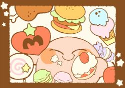 Rule 34 | apple, blush stickers, border, brown border, burger, cake, cake slice, candy, closed eyes, closed mouth, colored skin, commentary request, crumbs, food, fruit, hitofutarai, holding, holding food, ice cream, ice cream cone, invincible candy, kirby, kirby (series), macaron, meat, nintendo, no humans, pink skin, smile, solo, star (symbol), strawberry, strawberry shortcake, tomato, white background