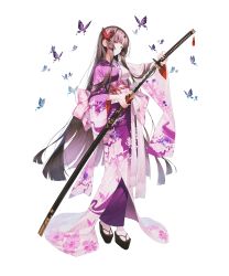 Rule 34 | 1girl, animal print, breasts, brown hair, bug, butterfly, butterfly hair ornament, butterfly print, cherry blossom print, floral print, grimlight, hair ornament, hands up, highres, holding, holding weapon, insect, japanese clothes, kaguya (grimlight), katana, kimono, long hair, looking at viewer, medium breasts, obi, official art, print kimono, pro-p, red eyes, sandals, sash, sheath, simple background, solo, standing, sword, tabi, transparent background, unsheathing, very long hair, weapon, zouri
