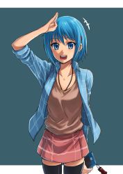 Rule 34 | 10s, 1girl, :d, bad id, bad pixiv id, blue eyes, blue hair, casual, cellphone, cellphone charm, cellphone strap, character charm, character doll, charm (object), hair ornament, hairclip, highres, isshi pyuma, jacket, jewelry, charm (object), mahou shoujo madoka magica, mahou shoujo madoka magica (anime), matching hair/eyes, miki sayaka, necklace, open mouth, phone, sakura kyoko, short hair, skirt, smile, solo, thighhighs, zettai ryouiki