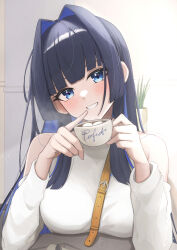 Rule 34 | :d, absurdres, black hair, blue eyes, blue hair, blunt bangs, blush, breast rest, breasts, coffee, colored inner hair, cup, english text, grin, hair intakes, head tilt, heart, highres, holding, holding cup, hololive, hololive english, large breasts, long sleeves, looking at viewer, mofu07519, multicolored hair, open mouth, ouro kronii, ouro kronii (casual), parted lips, smile, sweater, table, two-tone hair, upper body, virtual youtuber, white sweater