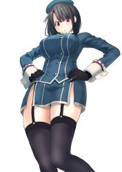 Rule 34 | 10s, 1girl, :&lt;, beret, black gloves, black hair, black thighhighs, blue hat, blue jacket, blue skirt, blush, breasts, closed mouth, cowboy shot, frown, garter straps, gloves, hands on own hips, hat, highres, jacket, kantai collection, large breasts, long sleeves, looking at viewer, masukuza j, pout, red eyes, short hair, simple background, skirt, solo, takao (kancolle), thighhighs, underbust, upper body, white background