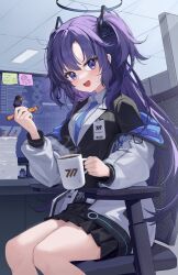 Rule 34 | 1girl, black skirt, blue archive, blue necktie, blush, breasts, chair, coffee, collared shirt, commentary, cup, doodle sensei (blue archive), english commentary, feet out of frame, gyool, halo, highres, holding, holding cup, indoors, jacket, large breasts, long hair, long sleeves, mechanical halo, necktie, open clothes, open jacket, open mouth, paper stack, pleated skirt, purple eyes, purple hair, sensei (blue archive), shirt, sitting, skirt, solo, sticky note, two side up, white jacket, white shirt, yuuka (blue archive)
