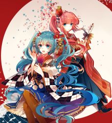Rule 34 | 2017, 2girls, :d, absurdres, alternate costume, arrow (projectile), bad id, bad pixiv id, baocaizi, blue eyes, blue hair, boots, brown legwear, candy, flower, food, frills, furisode, hair flower, hair ornament, hair ribbon, hakama, hakama skirt, happy new year, hatsune miku, high heel boots, high heels, highres, japanese clothes, kimono, lollipop, long hair, long sleeves, looking at viewer, megurine luka, multiple girls, nengajou, new year, open mouth, pantyhose, pink hair, ponytail, ribbon, skirt, smile, twintails, very long hair, vocaloid, wide sleeves