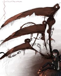 Rule 34 | 1girl, asymmetrical wings, black dress, black hair, bow, chain, dress, expressionless, houjuu nue, large wings, looking at viewer, no mouth, red eyes, red footwear, shoes, short hair, short sleeves, sitting, sketch, solo, thighhighs, tokyo (artist), touhou, ufo, wings