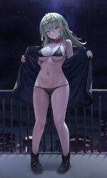 Rule 34 | 1girl, absurdres, aqua eyes, bikini, bikini under clothes, breasts, city, cityscape, collar, epic seven, female pervert, half-closed eyes, highres, jacket, large breasts, long hair, looking at viewer, navel, night, night sky, pervert, politis (epic seven), red collar, sky, solo, swimsuit