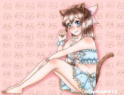 Rule 34 | 1girl, animal ears, animal print, aqua bikini, aqua bow, aqua eyes, aqua scrunchie, artist name, artist request, bare legs, bare shoulders, barefoot, bikini, bikini skirt, blue eyes, blush, bow, bow bikini, bracelet, breasts, brown hair, cat ears, cat print, cleavage, clenched hand, collarbone, cross-laced bikini, cross-laced bikini top, cross-laced clothes, feet, female focus, frilled bikini, frills, full body, hair between eyes, hair bow, high ponytail, jewelry, knees up, long hair, looking at viewer, love live!, love live! nijigasaki high school idol club, love live! school idol festival, love live! school idol festival all stars, nail, nail polish, osaka shizuku, parted lips, pink background, ponytail, red nails, scrunchie, sitting, small breasts, smile, solo, striped bikini, striped clothes, swimsuit, vertical-striped bikini, vertical-striped clothes, wrist scrunchie
