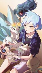 Rule 34 | 1boy, alolan form, alolan sandslash, anidf, aron, baltoy, beldum, blue hair, book, bracelet, carbink, collared shirt, commentary request, creatures (company), game freak, gen 3 pokemon, gen 6 pokemon, gen 7 pokemon, green eyes, highres, holding, holding book, jewelry, male focus, necklace, nintendo, official alternate costume, on lap, open clothes, open mouth, open shirt, pokemon, pokemon (creature), pokemon masters ex, pokemon on lap, ring, shirt, short hair, shorts, sitting, smile, steven stone, steven stone (summer 2020), undershirt