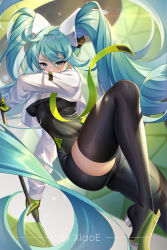 Rule 34 | 1girl, artist name, blue eyes, blue hair, bodysuit, breasts, eyes visible through hair, gloves, goodsmile racing, hair between eyes, hatsune miku, highres, long hair, long sleeves, looking at viewer, medium breasts, racing miku, racing miku (2022), single thighhigh, solo, thighhighs, twintails, very long hair, vocaloid, watermark, yue xiao e