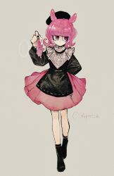 Rule 34 | 1girl, animal, arm behind back, beret, black dress, black footwear, black hat, black nails, closed mouth, commentary request, dress, full body, grey background, hand up, hat, highres, holding, holding animal, long sleeves, looking at viewer, minai mosa, octopus, original, pink dress, pink eyes, pink hair, puffy long sleeves, puffy sleeves, simple background, solo, standing, tentacle hair, umbrella octopus, very big eyes, walking