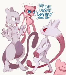 Rule 34 | 10s, 2013, absurdres, alternate form, artist name, blue eyes, constricted pupils, creatures (company), dated, ditto, dual persona, english text, flying sweatdrops, game freak, gen 1 pokemon, glitchedpuppet, hands on own hips, highres, legendary pokemon, mega mewtwo y, mega pokemon, mew (pokemon), mewtwo, mythical pokemon, nintendo, no humans, pokemon, pokemon (creature), pokemon xy, simple background, sweatdrop, tail, wavy mouth, white background