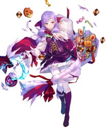 Rule 34 | 1girl, alternate costume, boots, breasts, buttons, candy, cape, circlet, closed mouth, detached sleeves, dress, fire emblem, fire emblem: path of radiance, fire emblem: radiant dawn, fire emblem heroes, food, full body, fuzichoco, gloves, hair ornament, halloween costume, highres, holding, ilyana (fire emblem), jewelry, knee boots, long hair, long sleeves, looking away, medium breasts, nintendo, official art, pantyhose, purple eyes, purple footwear, purple gloves, purple hair, short dress, skirt, solo, torn clothes, transparent background, white pantyhose