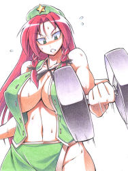 Rule 34 | 1girl, bad id, bad pixiv id, beret, braid, breasts, cleavage, clenched teeth, colored pencil (medium), exercise, female focus, green eyes, hat, hong meiling, huge breasts, long hair, midriff, muscular, muscular female, no bra, no panties, red hair, solo, sweat, teeth, touhou, traditional media, twin braids, uccow, weightlifting