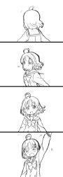 Rule 34 | 1girl, 4koma, :d, ^^^, ^ ^, ahoge, arm up, arms at sides, braid, closed eyes, comic, dot nose, expressionless, closed eyes, facing away, facing viewer, from side, greyscale, hair ornament, hair ribbon, happy, highres, long sleeves, looking at viewer, love live!, love live! sunshine!!, mezashi (mezamashi set), monochrome, motion lines, neck ribbon, open mouth, parted lips, ribbon, sailor collar, school uniform, serafuku, short hair, side braid, silent comic, simple background, smile, solo, takami chika, tareme, upper body, uranohoshi school uniform, waving, white background, |d