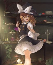 Rule 34 | 1girl, beaker, blonde hair, bloomers, blush, book, bottle, bow, braid, candle, candlestand, flask, hair bow, hat, ibuki notsu, indoors, kirisame marisa, kneepits, long hair, looking at viewer, mushroom, plant, potted plant, smile, solo, touhou, underwear, witch hat, yellow eyes