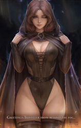 Rule 34 | 1girl, adapted costume, black cloak, breasts, brown eyes, brown hair, cleavage, cloak, elden ring, english text, facial tattoo, gluteal fold, highleg, highleg leotard, highres, hood, hooded cloak, kittew, large breasts, leotard, looking at viewer, medium hair, melina (elden ring), mole, mole on body, one eye closed, smile, solo, standing, subtitled, tattoo, thigh gap, thighhighs