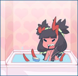 Rule 34 | 1girl, bathing, bathtub, black hair, broken horn, bunches, chibi, colored skin, flat chest, hair ribbon, horns, long hair, low-tied long hair, monster girl, nude, original, pink skin, playing, quad tails, ribbon, ship, slugbox, solo, succupus, tentacles, toy, watercraft