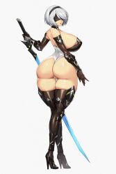 1girl 2b_(nier:automata) ass blindfold breasts cameltoe curvy full_body gurimjang high_heels highleg highleg_leotard highres holding holding_sword holding_weapon huge_ass huge_breasts leotard looking_at_viewer looking_back nier:automata nier_(series) shiny_skin sword taimanin_(series) taimanin_suit thong_leotard weapon wide_hips