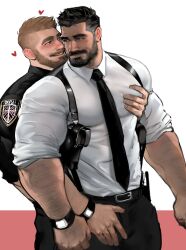 Rule 34 | 2boys, absurdres, bara, beard, between pectorals, black hair, blonde hair, body hair, bulge, couple, crotch grab, dopey (dopq), eye contact, facial hair, flying sweatdrops, formal, furrowed brow, glasses, grabbing, grabbing from behind, highres, hug, hug from behind, large pectorals, looking at another, loving aura, male focus, mature male, multiple boys, muscular, muscular male, necktie, necktie between pectorals, nervous, original, pectoral grab, pectorals, police, police uniform, policeman, recolored, revision, salaryman, searching, shirt, simple background, smirk, sunglasses, thick eyebrows, uniform, white shirt, yaoi