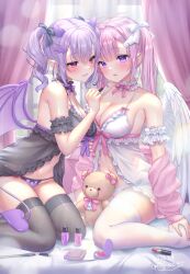 Rule 34 | 2girls, absurdres, angel, angel wings, arm strap, babydoll, bare shoulders, black babydoll, black bow, black thighhighs, blush, bow, breasts, choker, cleavage, commentary, demon girl, demon horns, demon tail, demon wings, english commentary, hair bow, hair ornament, halo, highres, horns, kneeling, large breasts, lipstick, long hair, makeup, multiple girls, navel, original, panties, parted lips, pink hair, pointy ears, purple eyes, purple hair, purple panties, sitting, smile, stuffed animal, stuffed toy, tail, teddy bear, thighhighs, thighs, twintails, underwear, wariza, white babydoll, white thighhighs, wings, yuyuko (yuyucocco)