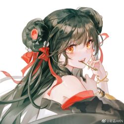 Rule 34 | 1girl, bare shoulders, black hair, bracelet, commentary request, double bun, from side, girls&#039; frontline, girls&#039; frontline neural cloud, hair bun, hair ornament, hair ribbon, highres, jewelry, jiangyu (neural cloud), long hair, looking at viewer, mingyin akn, mouth hold, off shoulder, open mouth, orange eyes, red ribbon, ribbon, simple background, smile, solo, type 97 (girls&#039; frontline), upper body, weibo watermark, white background