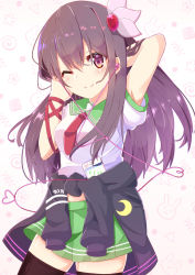 Rule 34 | 1girl, ;), absurdres, arm behind head, arm ribbon, arm up, black jacket, black thighhighs, blush, breasts, brown hair, cellphone, closed mouth, clothes around waist, commentary request, earbuds, earphones, green sailor collar, green skirt, hair between eyes, hair ornament, hand up, heart, highres, jacket, jacket around waist, kantai collection, kisaragi (kancolle), long hair, looking at viewer, medium breasts, necktie, nekoyanagi (azelsynn), one eye closed, phone, pink background, pleated skirt, puffy short sleeves, puffy sleeves, purple eyes, red necktie, red ribbon, ribbon, sailor collar, school uniform, serafuku, shirt, short sleeves, skirt, smile, solo, thighhighs, very long hair, white shirt