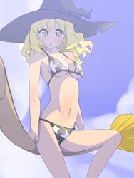 Rule 34 | 1girl, :o, bare shoulders, bikini, blonde hair, breasts, broom, broom riding, brown eyes, cleavage, day, face, female focus, hat, kirisame marisa, long hair, medium breasts, navel, ossan 331, print bikini, sidesaddle, simple background, sky, solo, star (symbol), star print, swimsuit, touhou, underboob, witch, witch hat