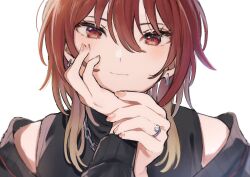 Rule 34 | 1girl, aketa mikoto, black jacket, blush, brown hair, chain necklace, commentary, earrings, fingernails, glint, gradient hair, hair between eyes, hand on own cheek, hand on own face, head rest, highres, idolmaster, idolmaster shiny colors, jacket, jacket partially removed, jewelry, light brown hair, light smile, looking at viewer, multicolored hair, nail polish, necklace, po (moudameda17), ring, simple background, solo, upper body, wedding ring, white background