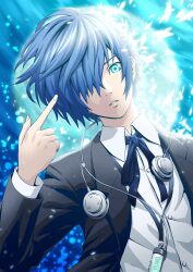 Rule 34 | 1boy, black jacket, black ribbon, blue eyes, blue hair, buttons, commentary request, gekkoukan high school uniform, hair over one eye, highres, index finger raised, jacket, long sleeves, looking at viewer, male focus, masatoshi 1219, neck ribbon, one eye covered, open clothes, open jacket, persona, persona 3, persona 3 reload, ribbon, school uniform, shirt, short hair, solo, uniform, white shirt, yuuki makoto (persona 3)