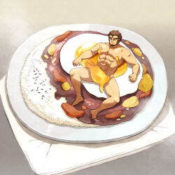 Rule 34 | 1boy, abs, artist request, bara, beard, brown hair, completely nude, convenient censoring, curry, egg yolk, facial hair, food, food focus, fried egg, full body, gazef stronoff, large pectorals, lying, male focus, mini person, miniboy, muscular, muscular male, nude, on back, overlord (maruyama), pectorals, rice, short hair, sideburns, smile, solo, stomach, thick thighs, thighs