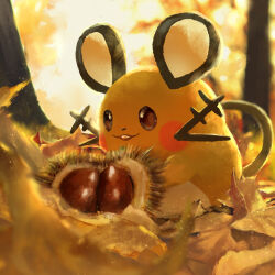 Rule 34 | :3, autumn leaves, brown eyes, chestnut, creatures (company), dedenne, ekm, game freak, gen 6 pokemon, leaf, looking at food, nintendo, no humans, open mouth, outdoors, pokemon, pokemon (creature), solo, teeth, upper teeth only