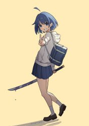 Rule 34 | 1girl, absurdres, ahoge, backpack, bag, blue eyes, blue hair, blue skirt, blush, brown footwear, commentary request, facing viewer, full body, grin, hanagamigendai, highres, holding, holding sword, holding weapon, hood, hood down, hoodie, katana, loafers, long sleeves, looking ahead, original, pleated skirt, shoes, short hair, simple background, skirt, smile, solo, standing, sword, twitter username, uniform, v, weapon, white hoodie, yellow background