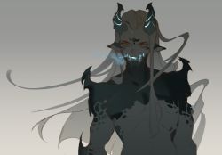 Rule 34 | 1boy, blue horns, breath, dragon boy, dragon horns, glowing, gradient background, greyscale, highres, horns, long hair, male focus, monochrome, original, pointy ears, qi1san, scales, solo, spikes, spot color, topless male, upper body