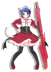 Rule 34 | 1boy, ahoge, alternate color, androgynous, animal ears, bell, black thighhighs, blue eyes, blue hair, blush, cat boy, cat ears, cat tail, corset, crossdressing, dress, frown, gundam, hand on own hip, hip focus, kamille bidan, karukanko, maid, maid headdress, male focus, mary janes, matching hair/eyes, red dress, shoes, simple background, solo, tail, thighhighs, trap, weapon, zeta gundam