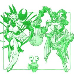 Rule 34 | 2girls, angel, armor, armored skirt, black hair, blonde hair, bodysuit, breastplate, breasts, colored skin, covered eyes, crescent, dianamon, digimon, digimon (creature), gloves, green skin, green theme, hair between eyes, hair ornament, helmet, helmet over eyes, highres, holding, holding scythe, kenchi, large breasts, long hair, looking at viewer, lovelyangemon, mask, monochrome, moon, mouth mask, multiple girls, numemon, open mouth, pink scarf, purple bodysuit, purple mask, scarf, scythe, shoulder armor, simple background, skirt, slug, smile, teeth, tongue, tongue out, twintails, very long hair, weapon, white armor, white background, wings