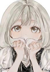Rule 34 | 1girl, black vest, blonde hair, chinese commentary, commentary request, covered mouth, eyelashes, grey eyes, highres, holding, holding hands, holding own hair, long hair, looking at viewer, moaomao mo, original, puffy short sleeves, puffy sleeves, shirt, short sleeves, simple background, solo, sweater vest, upper body, v-neck, vest, white background, white shirt, white sleeves