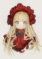 Rule 34 | 1girl, bad id, bad pixiv id, black bow, blonde hair, blue eyes, blunt bangs, bow, capelet, flower, grey background, hair down, haruri, head tilt, highres, long hair, parted lips, red capelet, red flower, red rose, rose, rozen maiden, shinku, signature, simple background, sketch, solo, very long hair