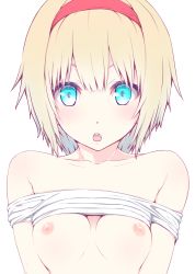 Rule 34 | 1girl, :o, alice margatroid, bare shoulders, blonde hair, blue eyes, breasts, breasts apart, clothes lift, collarbone, commentary, hairband, looking at viewer, nipples, nirap, no bra, red hairband, shirt, shirt lift, simple background, small breasts, solo, touhou, upper body, white background, white shirt