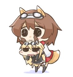 Rule 34 | 2girls, animal ears, brown hair, chibi, fox ears, fox tail, goggles, goggles on head, hanna-justina marseille, head wings, japanese clothes, katou keiko, multiple girls, nekoyama, short hair, strike witches, tail, thighhighs, wings, witches of africa, world witches series