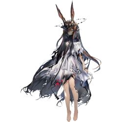 1girl amiya_(arknights) amiya_(demon_king)_(arknights) animal_ears arknights barefoot closed_eyes closed_mouth dress floating_crown full_body game_cg highres material_growth non-web_source oripathy_lesion_(arknights) rabbit_ears rabbit_girl simple_background solo tachi-e transparent_background veil white_dress