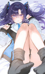 Rule 34 | 1girl, :o, artist name, bare legs, black jacket, blazer, blue archive, blue necktie, blush, feet, hair spread out, halo, haruri, highres, jacket, legs up, looking at viewer, lying, necktie, on back, purple eyes, purple hair, solo, two-sided fabric, two-sided jacket, two side up, yuuka (blue archive)