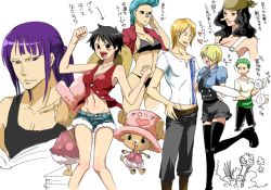 Rule 34 | 2boys, 6+girls, antlers, bad id, bad pixiv id, bandana, bikini, black hair, black thighhighs, blonde hair, blue hair, blush, breasts, brook (one piece), cleavage, clenched hand, clenched hands, denim, denim shorts, everyone, exercising, franky (one piece), genderswap, genderswap (ftm), genderswap (mtf), green hair, groin, hair over one eye, hat, heart, horns, large breasts, leg lift, luffyko, midriff, monkey d. luffy, multiple boys, multiple girls, nami (one piece), navel, necktie, nico robin, one piece, orange hair, pink hat, ponytail, purple hair, roronoa zoro, sanji (one piece), scar, short hair, short shorts, shorts, smile, spoken heart, straw hat, swimsuit, tank top, text focus, thighhighs, tony tony chopper, top hat, translated, underboob, usopp, waitress, weightlifting, weights, yui (kari), zettai ryouiki