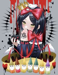 Rule 34 | 1girl, animal, animal on head, apple, bird, bird on head, black hair, blood drip, blush, bow, commentary, covering own mouth, cross-laced clothes, cross-laced top, crown, detached sleeves, dripping, dwarf, fingernails, flower, food, from behind, fruit, grey background, hair bow, hair ornament, hairclip, heart, highres, holding, holding food, holding fruit, long fingernails, long sleeves, looking at viewer, looking back, mini crown, nail polish, on head, poison apple, ribbon, shirt, short hair, shoulder tattoo, sleeveless, sleeveless shirt, snow white, snow white (grimm), solo, symbol-only commentary, tattoo, upper body, wanko (yurika0320), x hair ornament, yellow eyes