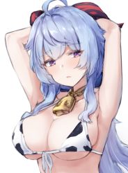 Rule 34 | 1girl, ahoge, animal print, armpits, arms behind head, arms up, bell, blue hair, blush, breasts, cleavage, commentary, cow print, ganyu (genshin impact), genshin impact, goat horns, highres, horns, kousi sirazawa, large breasts, long hair, purple eyes, simple background, solo, upper body, white background