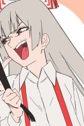 Rule 34 | 2girls, amino (tn7135), bad id, bad pixiv id, black hair, bow, cheek poking, collared shirt, fujiwara no mokou, grabbing another&#039;s hair, grey hair, hair bow, long sleeves, multiple girls, open mouth, out of frame, pointy nose, poking, red eyes, shirt, shouting, solo focus, suspenders, teeth, tongue, touhou, white shirt